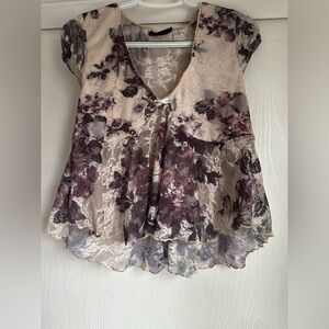 Sweet Lilac Floral Lace Overlay Short Sleeve Top - Cream & Purple